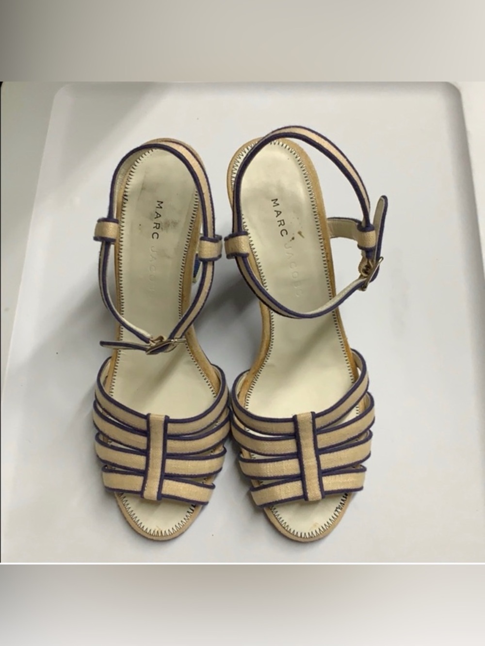 Marc Jacobs Beige Sandals with Dark Trim Ankle-Strap Heels
